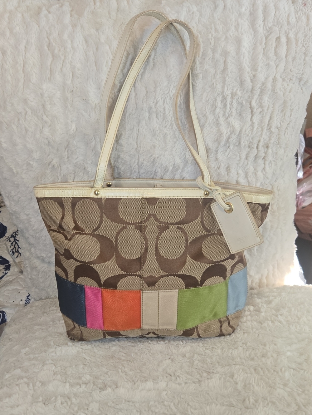Coach Signature Canvas Tote with Colorblock Accents - Beige